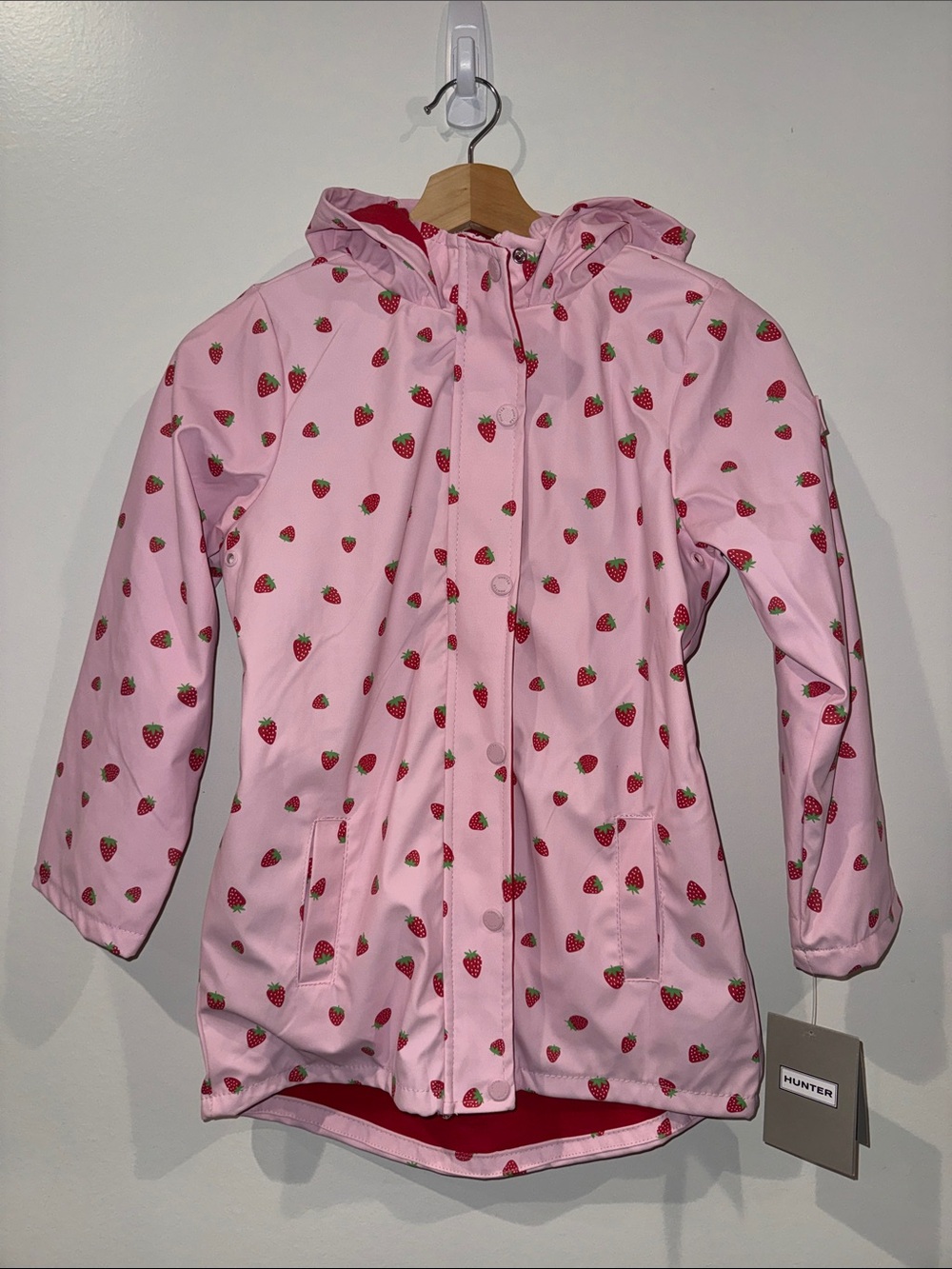 Hunter Pink Strawberry-Print Kids Raincoat with Hood, 10